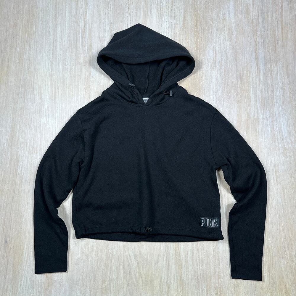PINK Victoria's Secret Black Pullover Crop Hoodie Y2K Casual Rainbow Logo Small - Picture 2 of 11